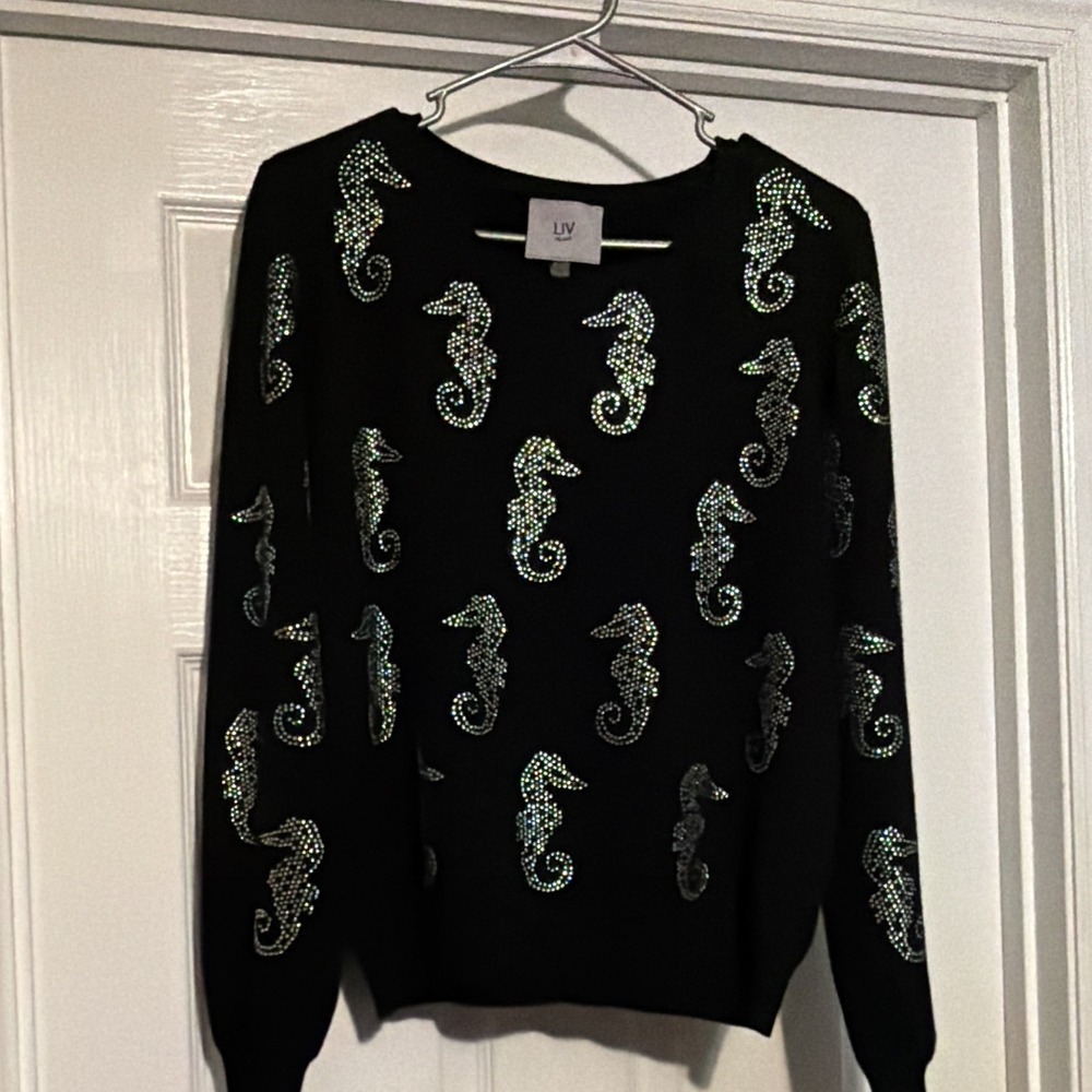 LIV Milano Women's Size L Black Seahorse Rhinestone Knit Pullover Sweater Large